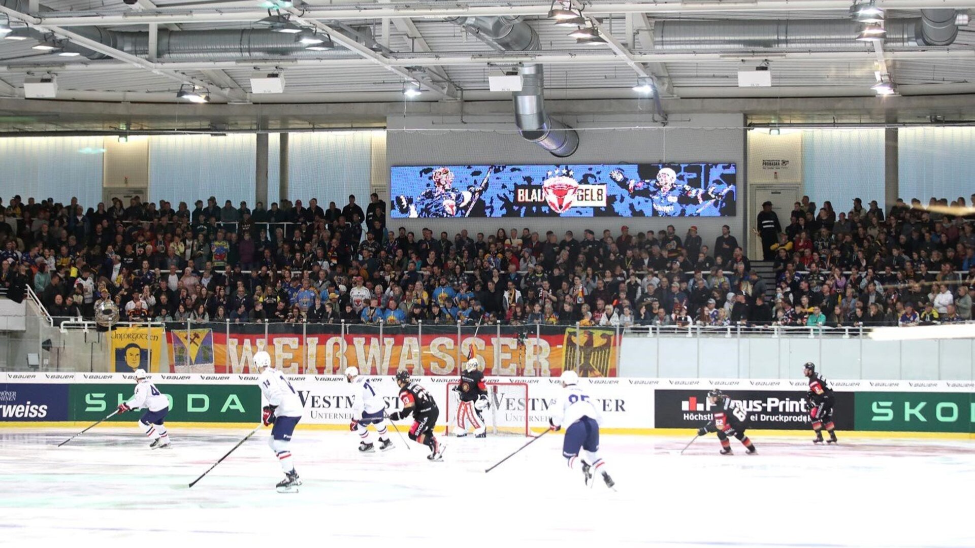 Das Länderspiel in der Eisarena Weißwasser. Im Hintergrund ist der Zuschauerblock D zu sehen.