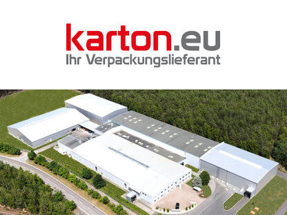 Logo von Karton.eu und Luftaufnahme des Unternehmens